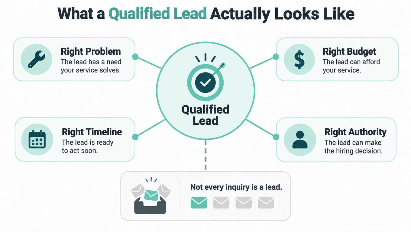 A diagram illustrating the four key criteria defining a qualified lead for business services.
