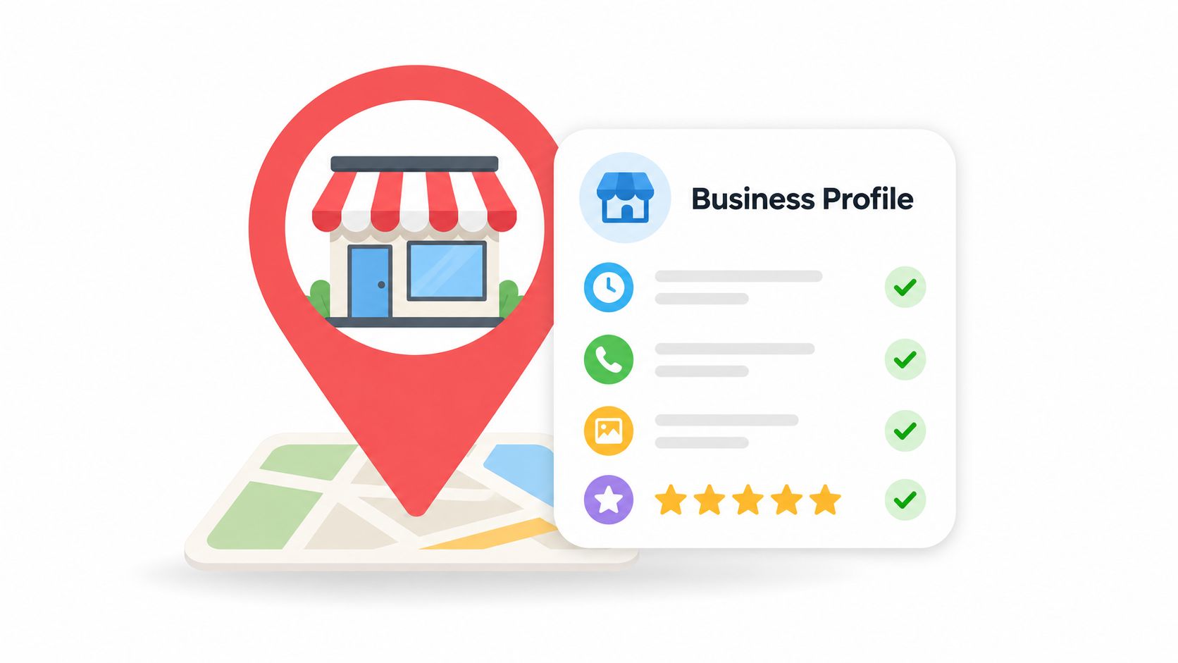 A red map location pin icon featuring a storefront icon next to a business profile card.