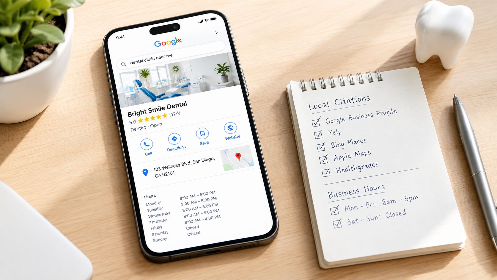A smartphone displaying a dental clinic Google search result next to a checklist for local citations.
