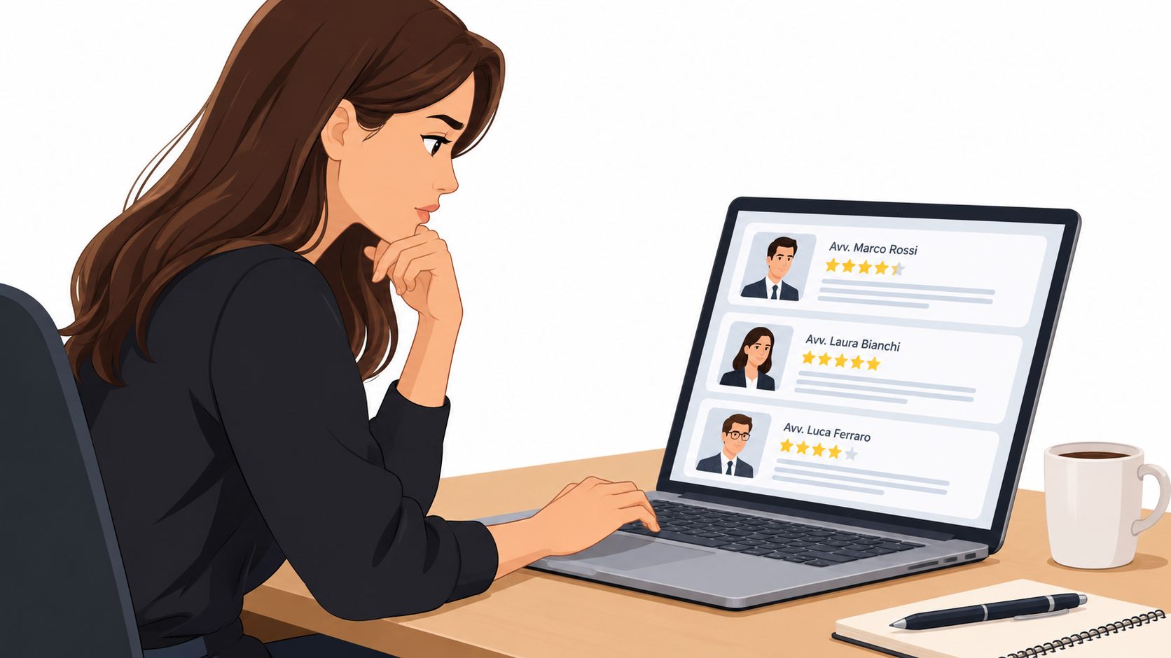 A woman looks at an online directory of law firm reviews displayed on her laptop screen.