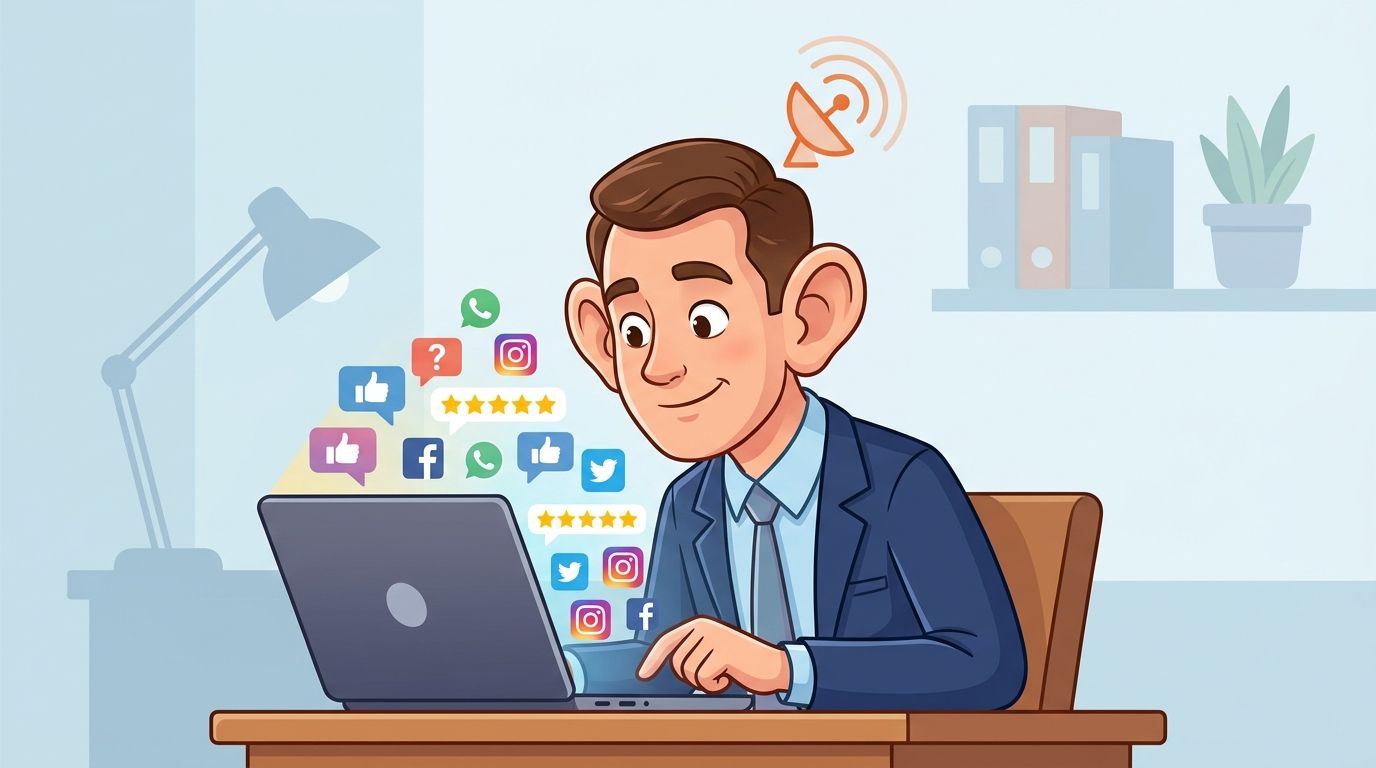 A professional man using a laptop to monitor social media mentions and online reviews for reputation management.