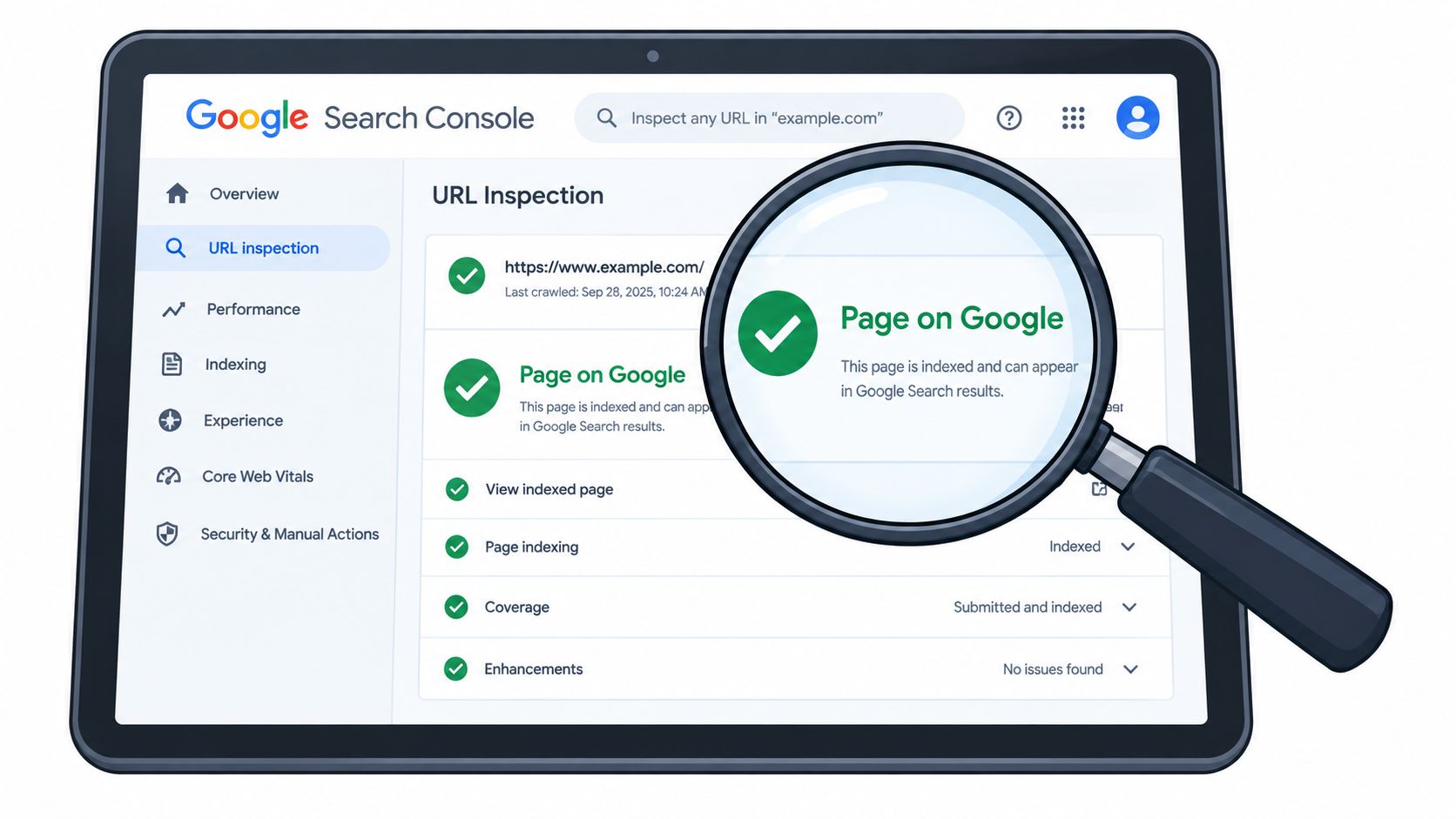 A digital tablet displaying Google Search Console URL Inspection tool showing a green checkmark indicating successful indexing.