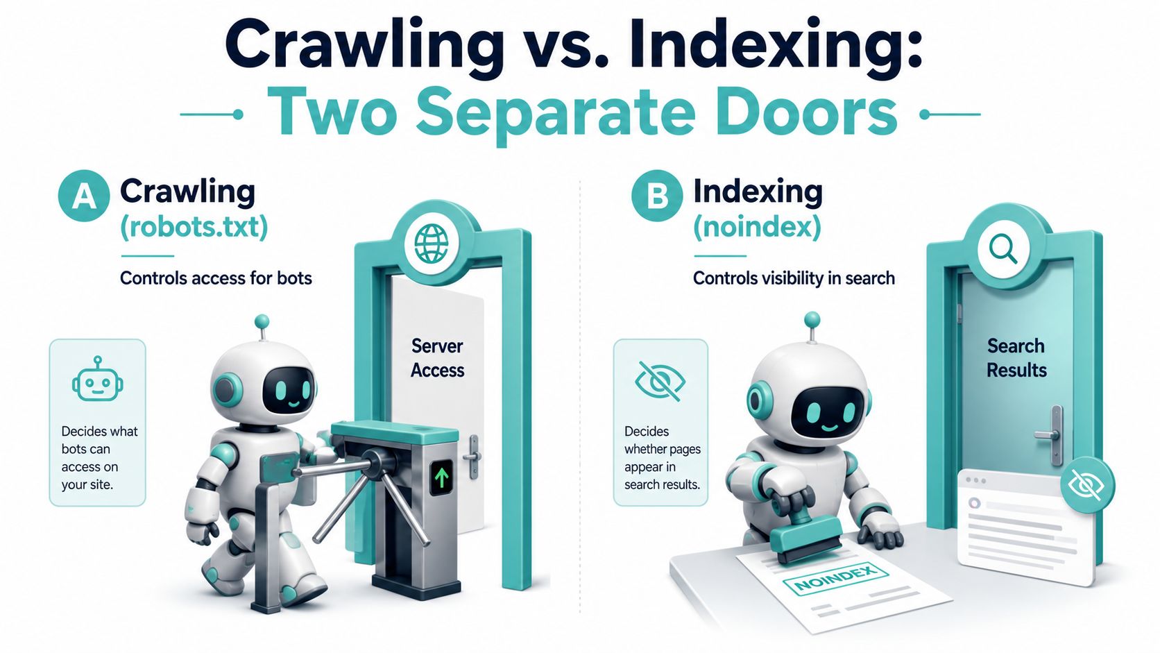 A comparison chart illustrating the difference between crawling via robots.txt and indexing using noindex meta tags.