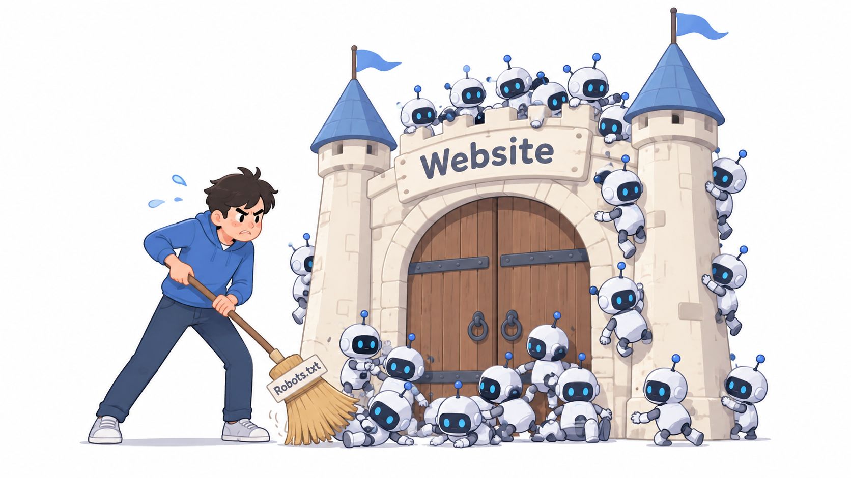A person sweeping away small robots from a castle gate labeled with the text Website.