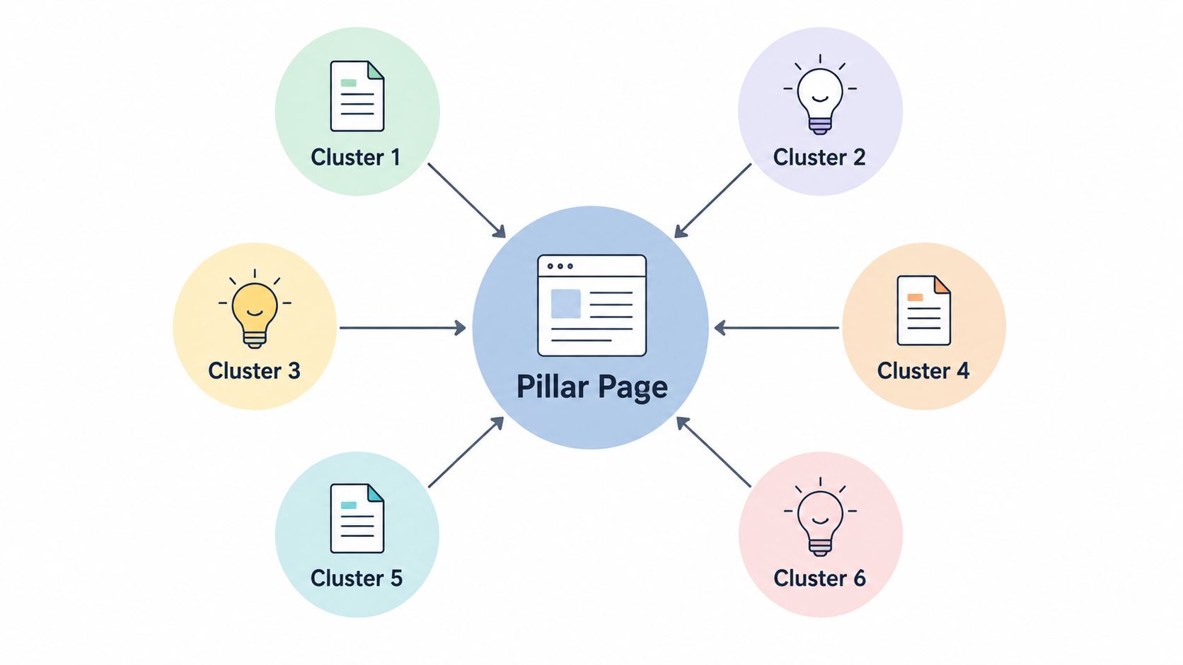 A diagram illustrating a central pillar page connected to six surrounding content clusters for SEO strategy.