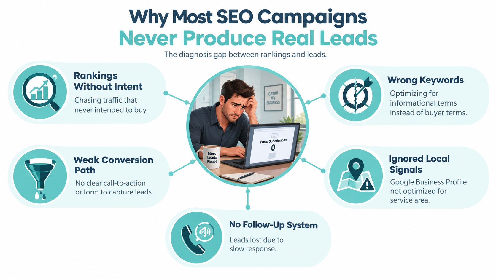 A diagram illustrating why SEO campaigns fail to generate leads, showing common pitfalls for business marketing.