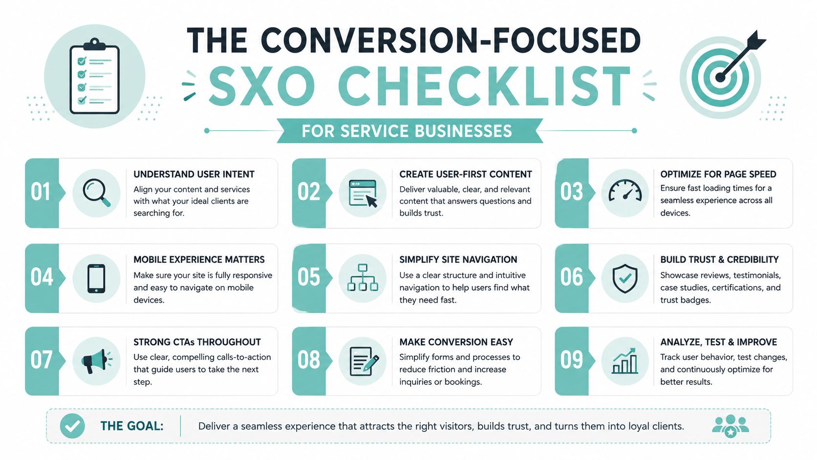 An infographic titled The Conversion-Focused SXO Checklist for Service Businesses, outlining nine essential steps for SEO.