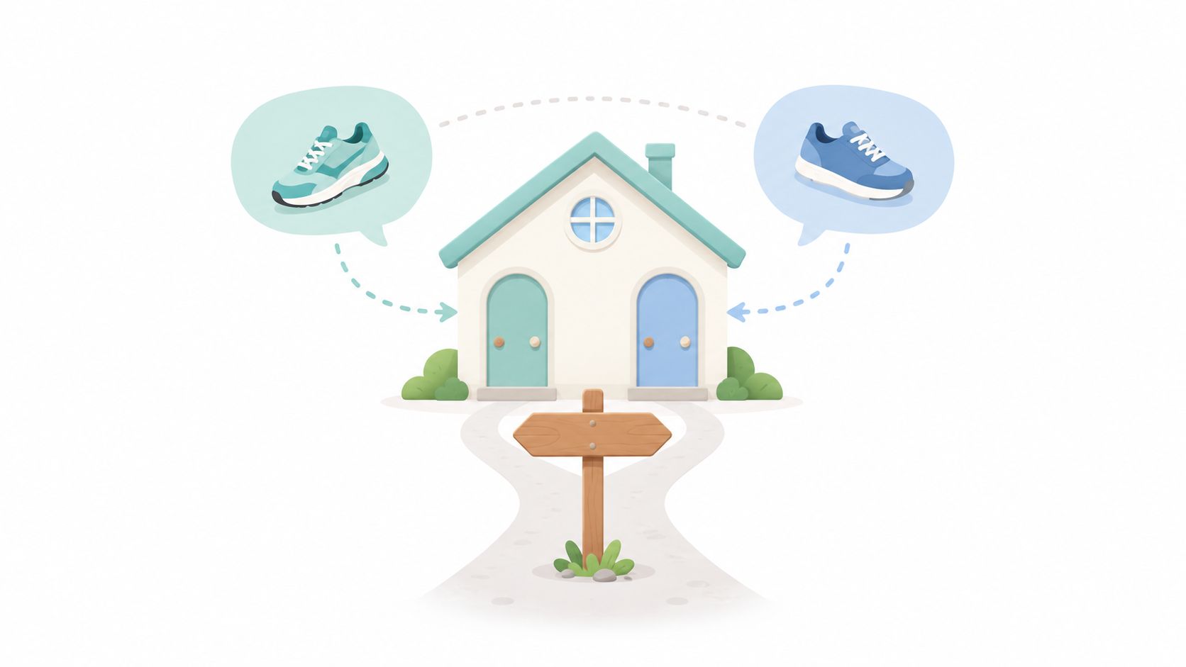 A digital illustration showing a house with two doors and speech bubbles containing colorful running shoes.
