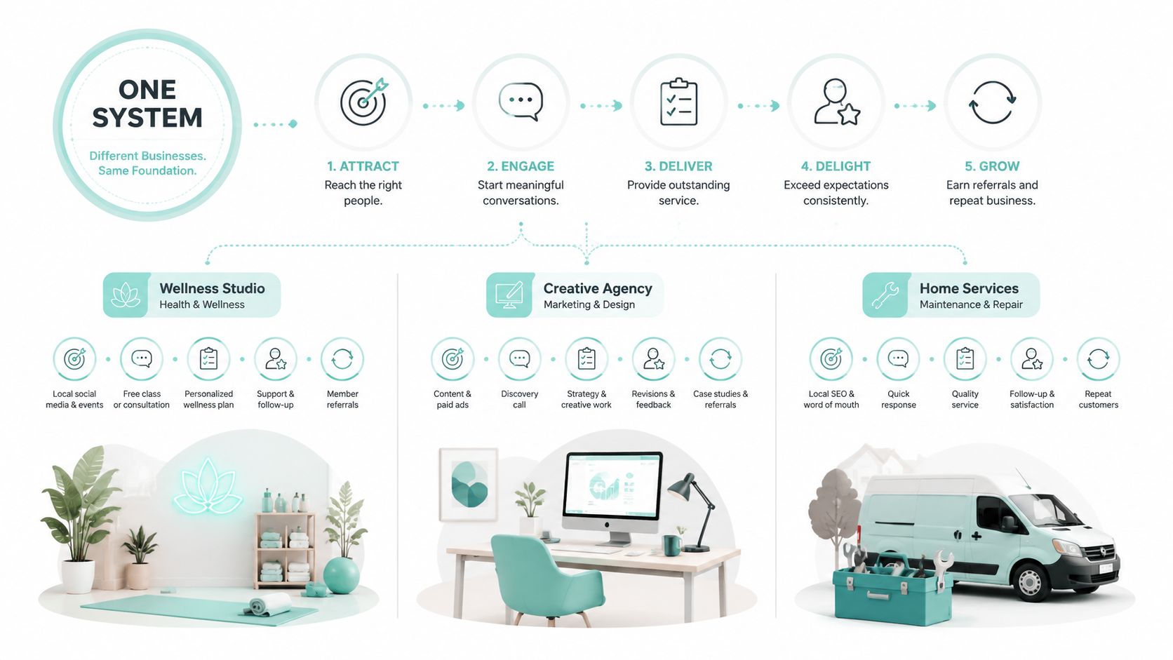 A diagram illustrating a universal business system framework applied to wellness, creative, and home services industries.