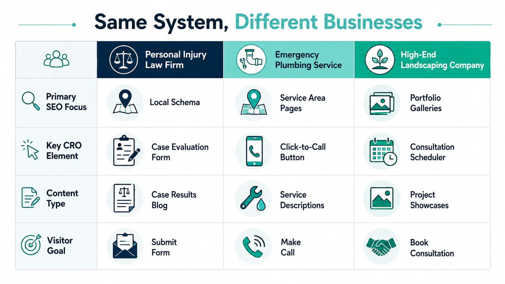 A comparative infographic showing SEO and conversion optimization strategies for law firms, plumbing, and landscaping businesses.