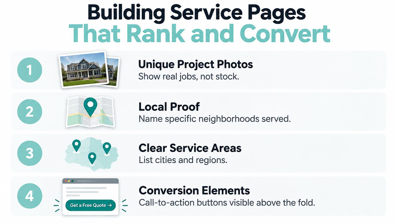 An infographic showing four essential elements for building high-ranking and high-converting service pages for construction websites.
