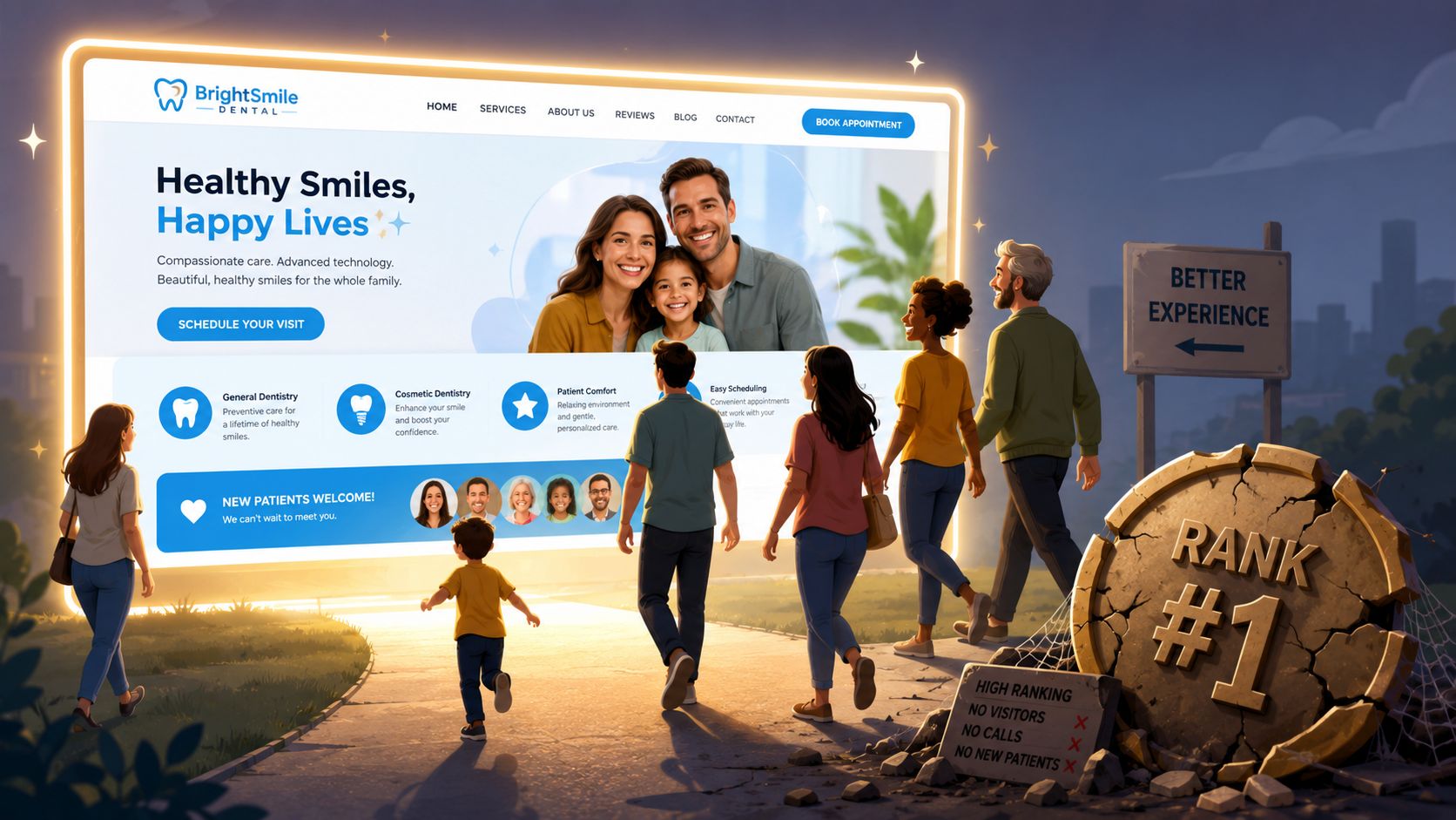 A conceptual scene illustrating how SEO for dental practices drives patient foot traffic to a local clinic.