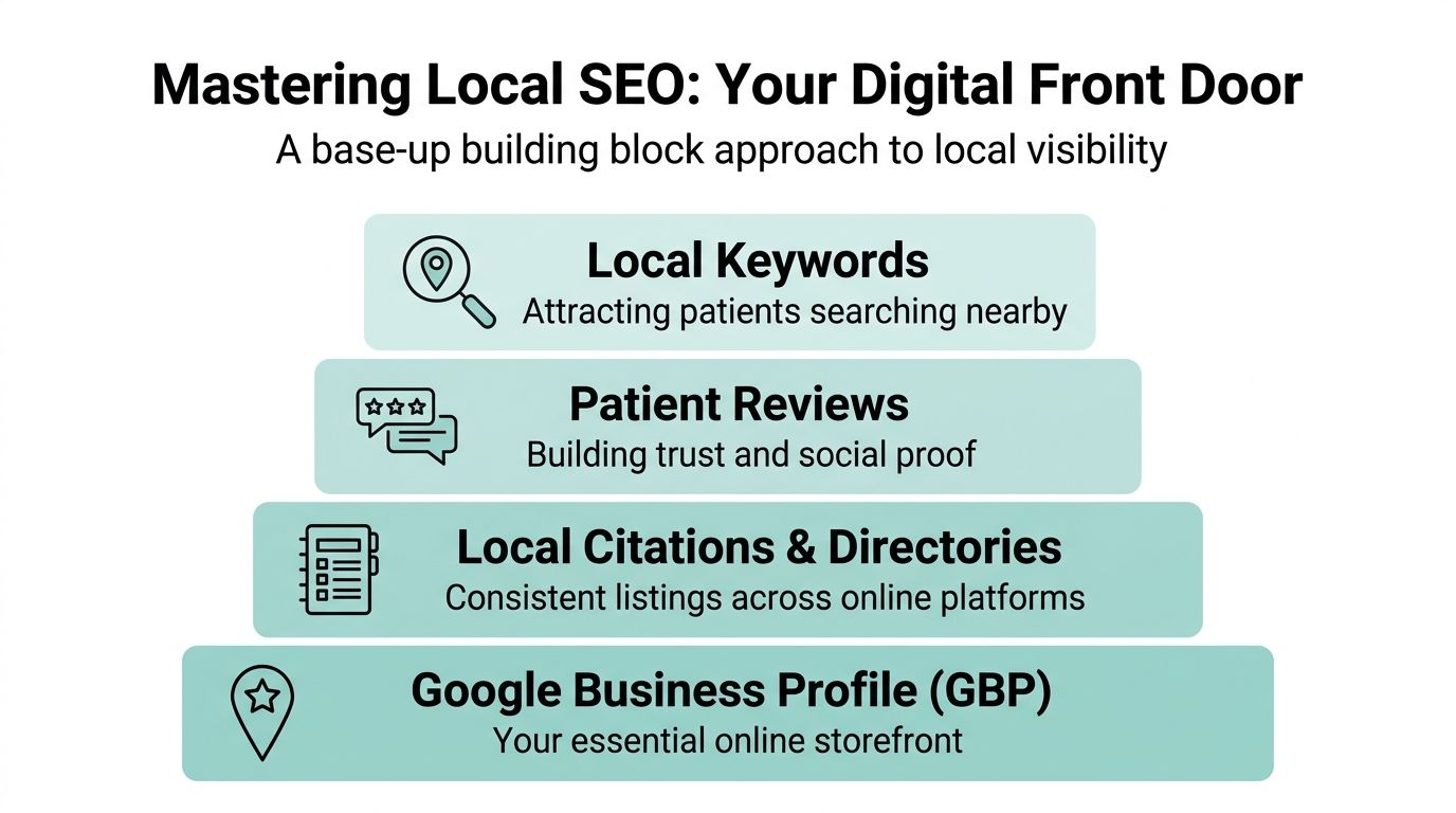 An infographic pyramid showing a four-step base-up building block approach to mastering local SEO for dental practices.