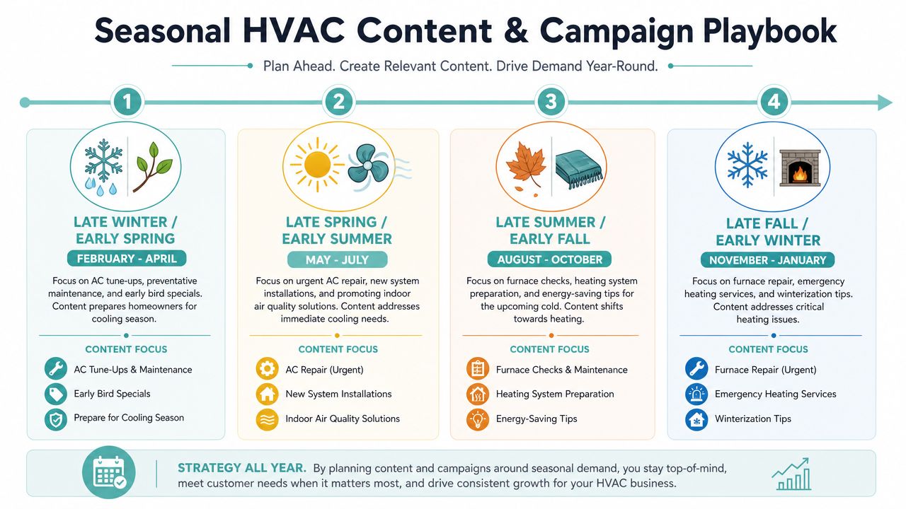 A seasonal HVAC content and campaign playbook infographic illustrating marketing strategies for year-round heating and cooling services.