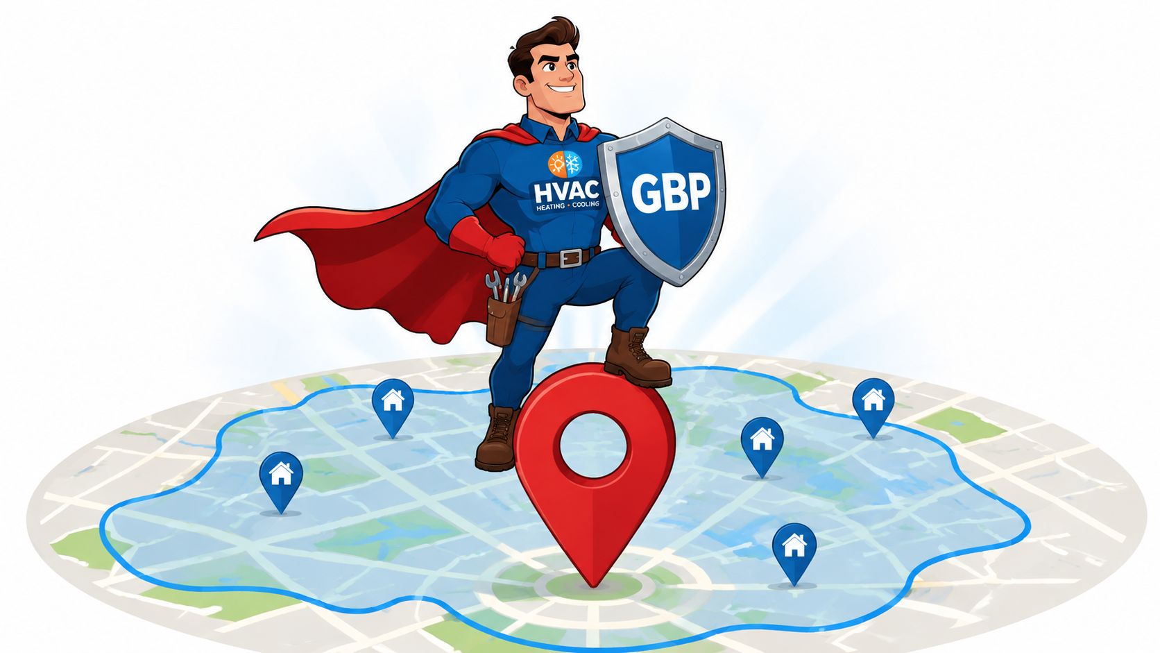 A superhero HVAC technician standing on a map pin over a city map with location markers.