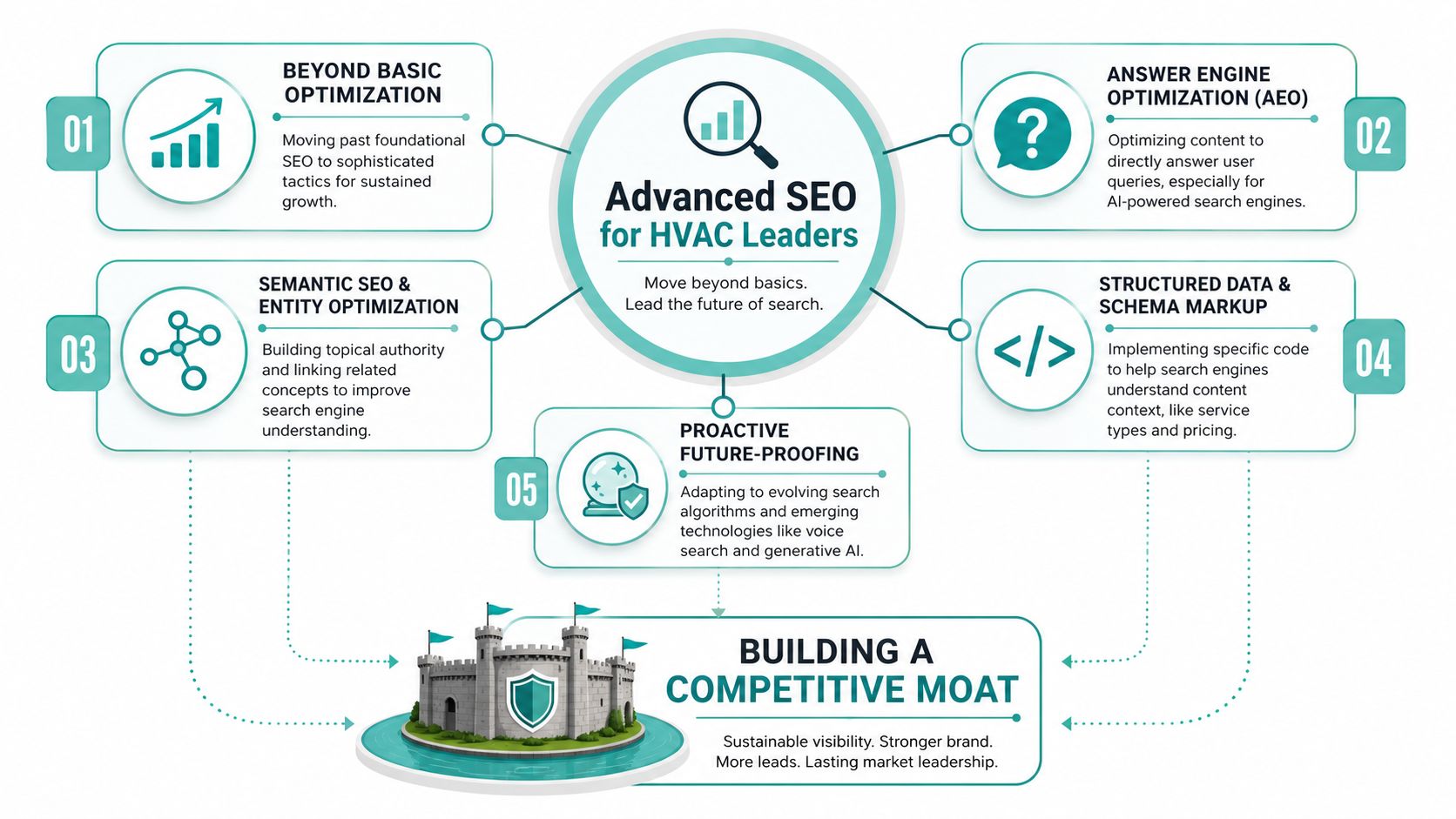 A strategic infographic outlining five advanced SEO tactics to help HVAC business leaders gain a competitive advantage.