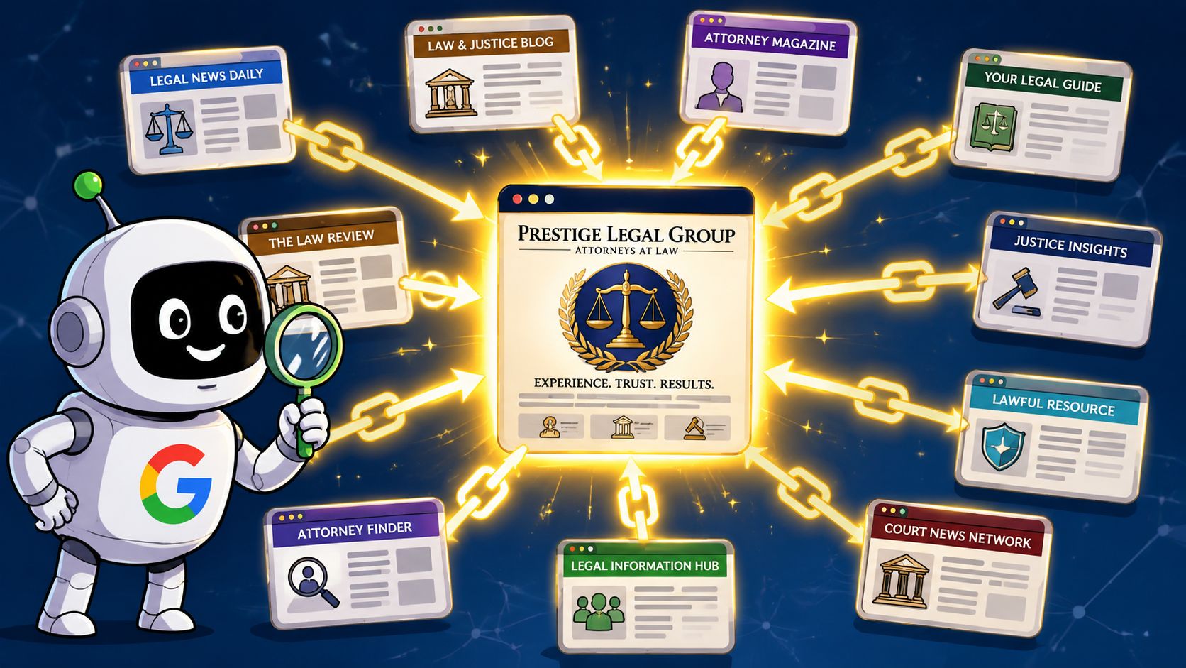 A robot holds a magnifying glass, showing how various legal websites link to a central law firm.
