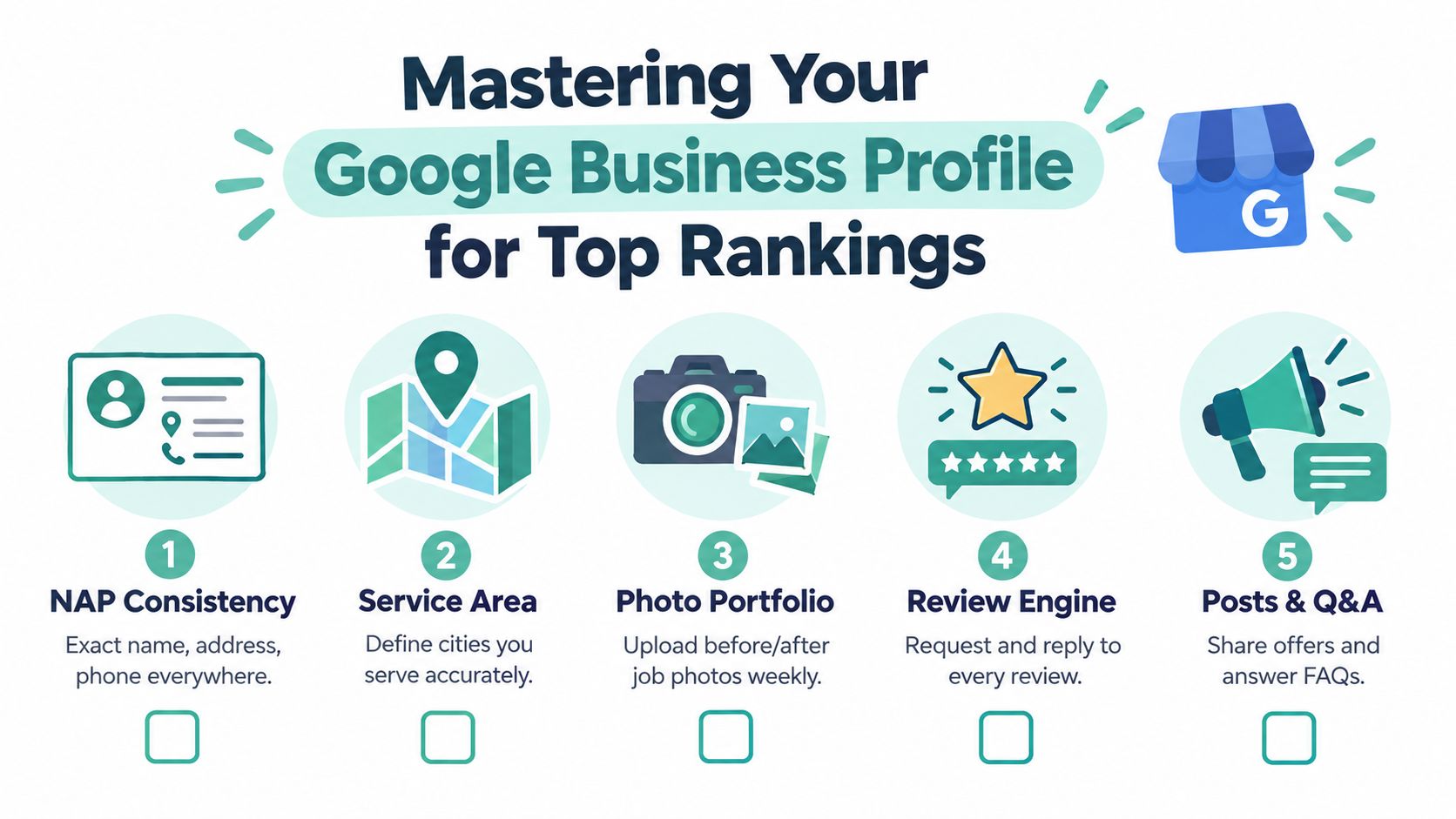 An infographic titled Mastering Your Google Business Profile for Top Rankings, showing five essential steps for business owners.