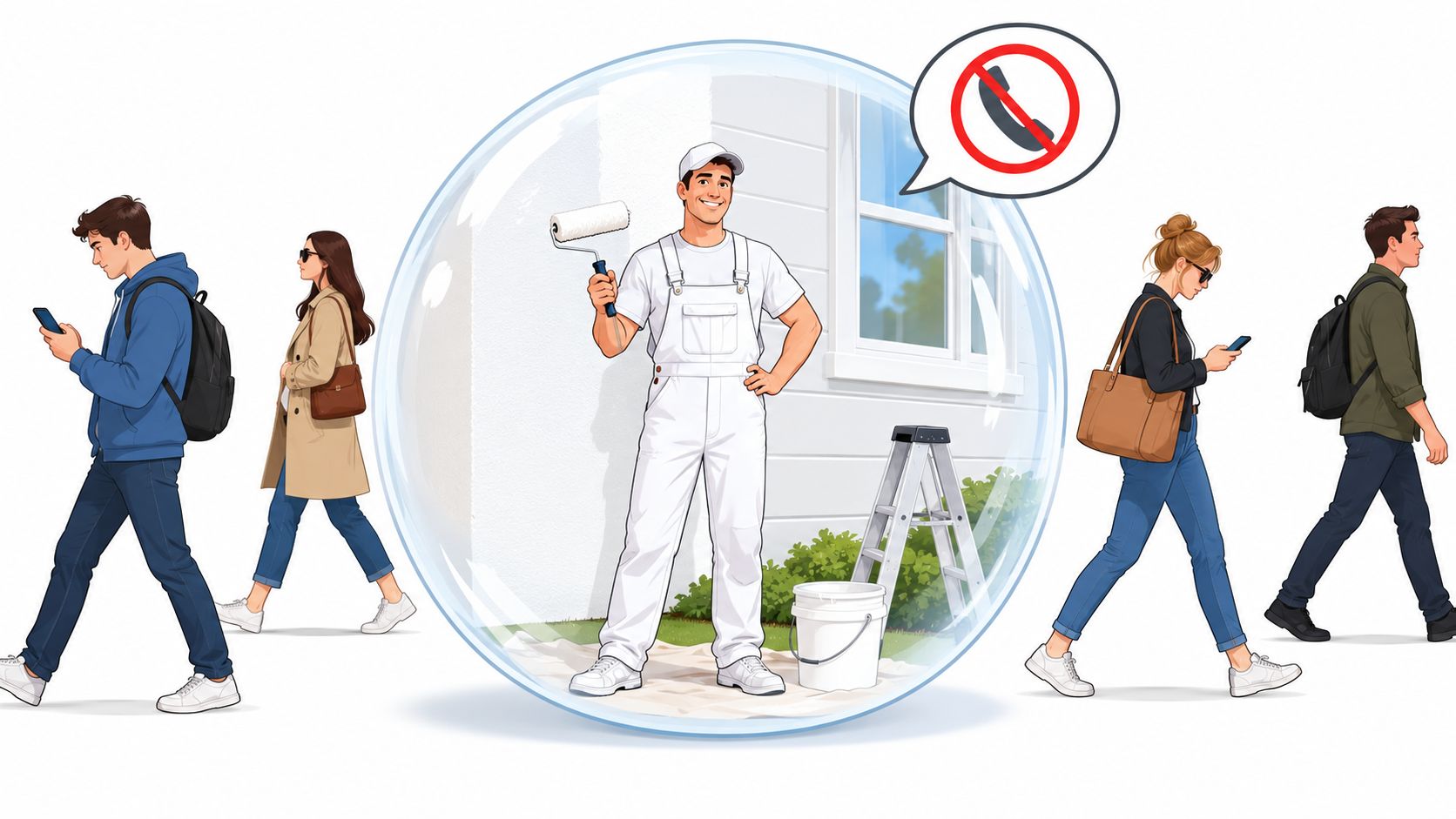 A friendly house painter inside a bubble isolated from distracted pedestrians using their smartphones outdoors.