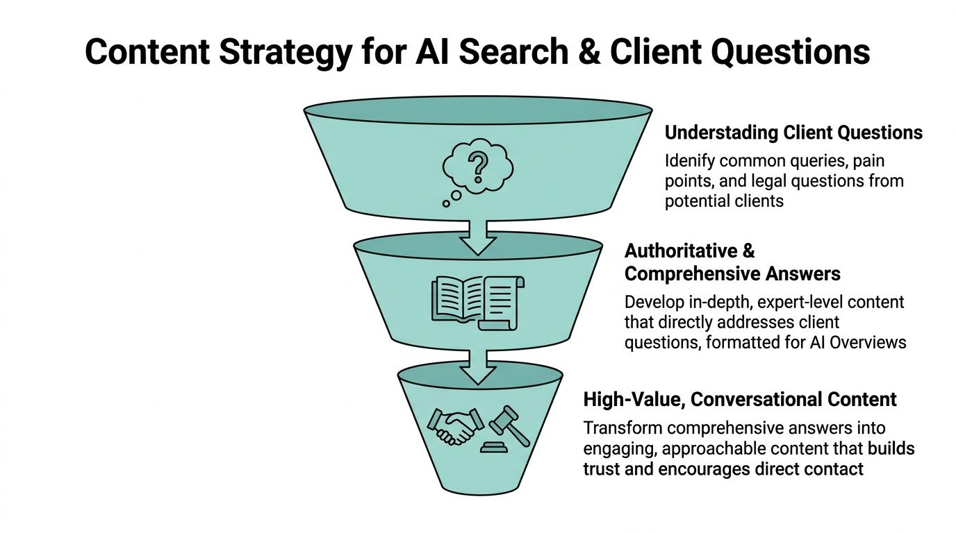 A funnel diagram illustrating a content strategy for legal firms to optimize for AI search queries.