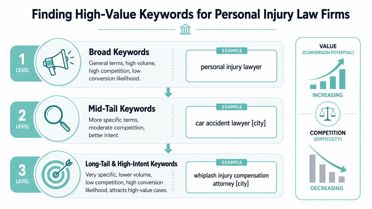 A tiered diagram illustrating the keyword hierarchy strategy for SEO in personal injury law firms.