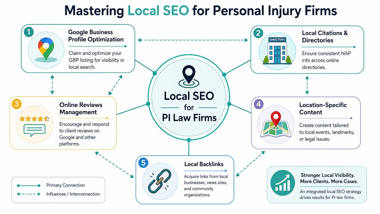 A visual guide illustrating five key strategies for mastering local SEO for personal injury law firms.