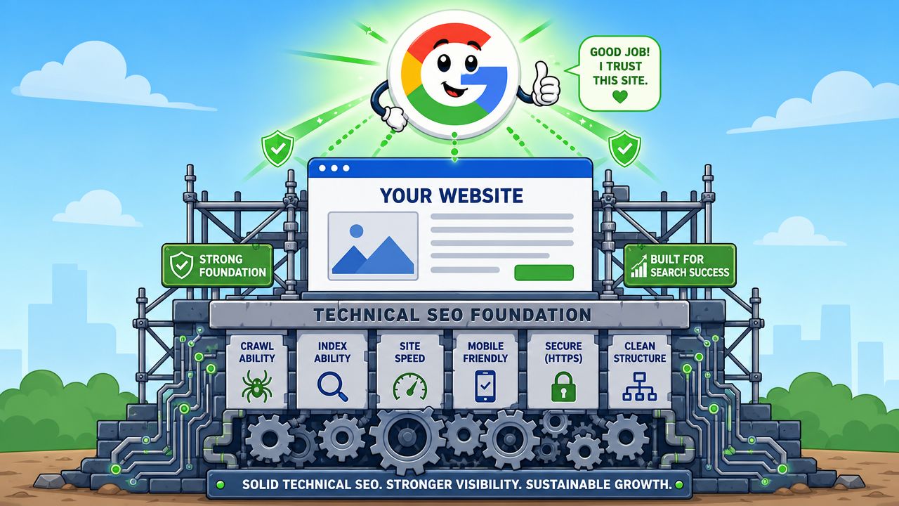 An illustration showing a website being built on a foundation of technical SEO pillars for search engine trust.