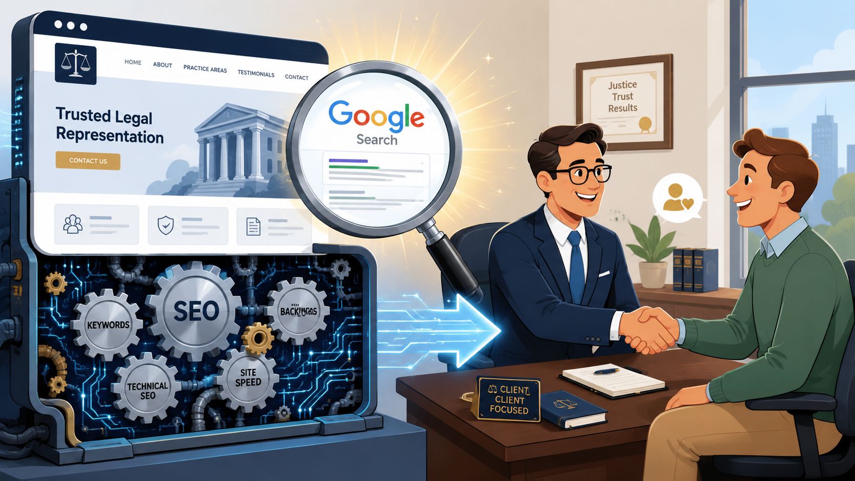 A professional lawyer and client shaking hands while digital SEO elements power a legal website search result.