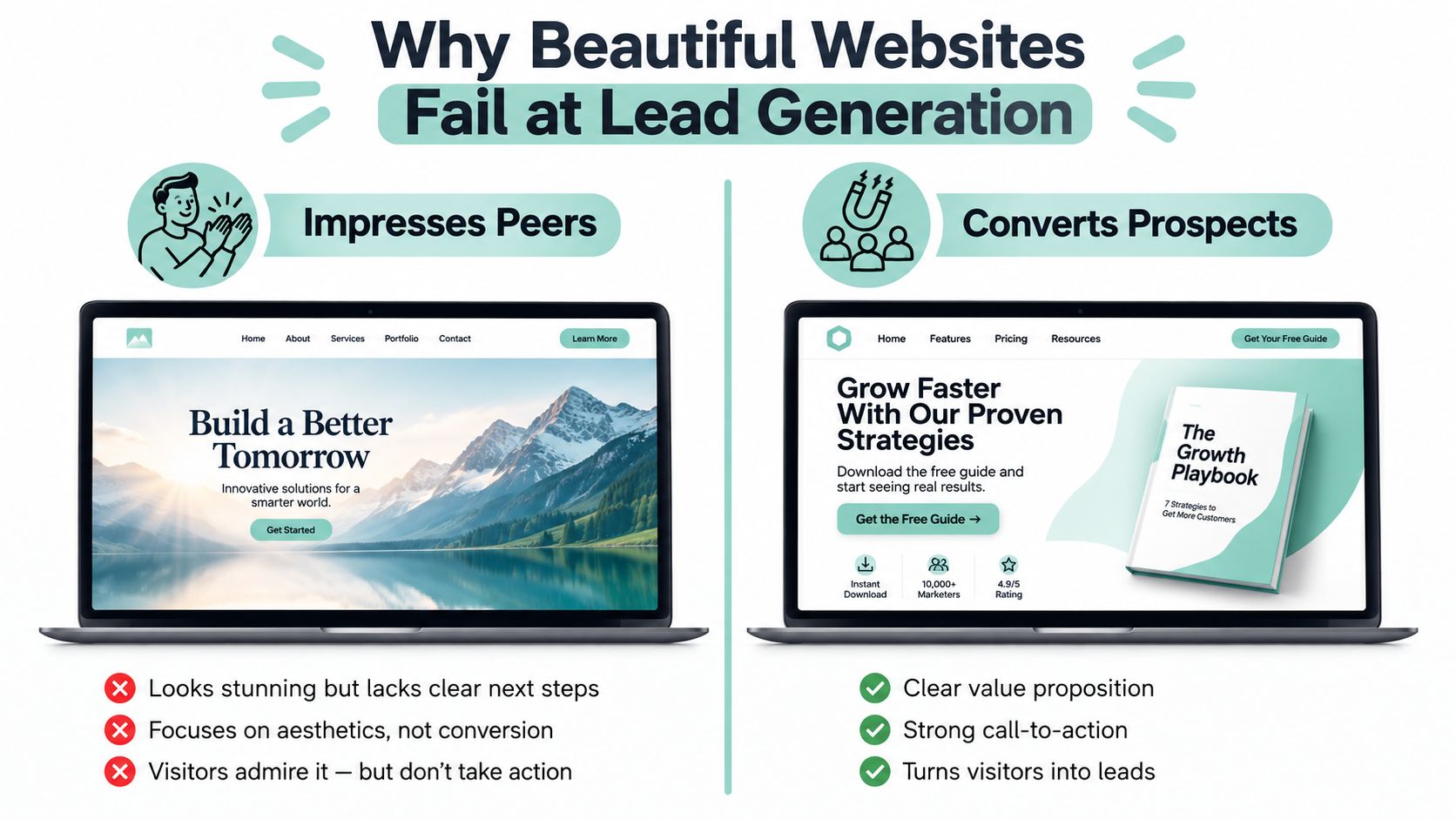 A comparison graphic showing the difference between a website focused on aesthetics versus one designed for conversion.