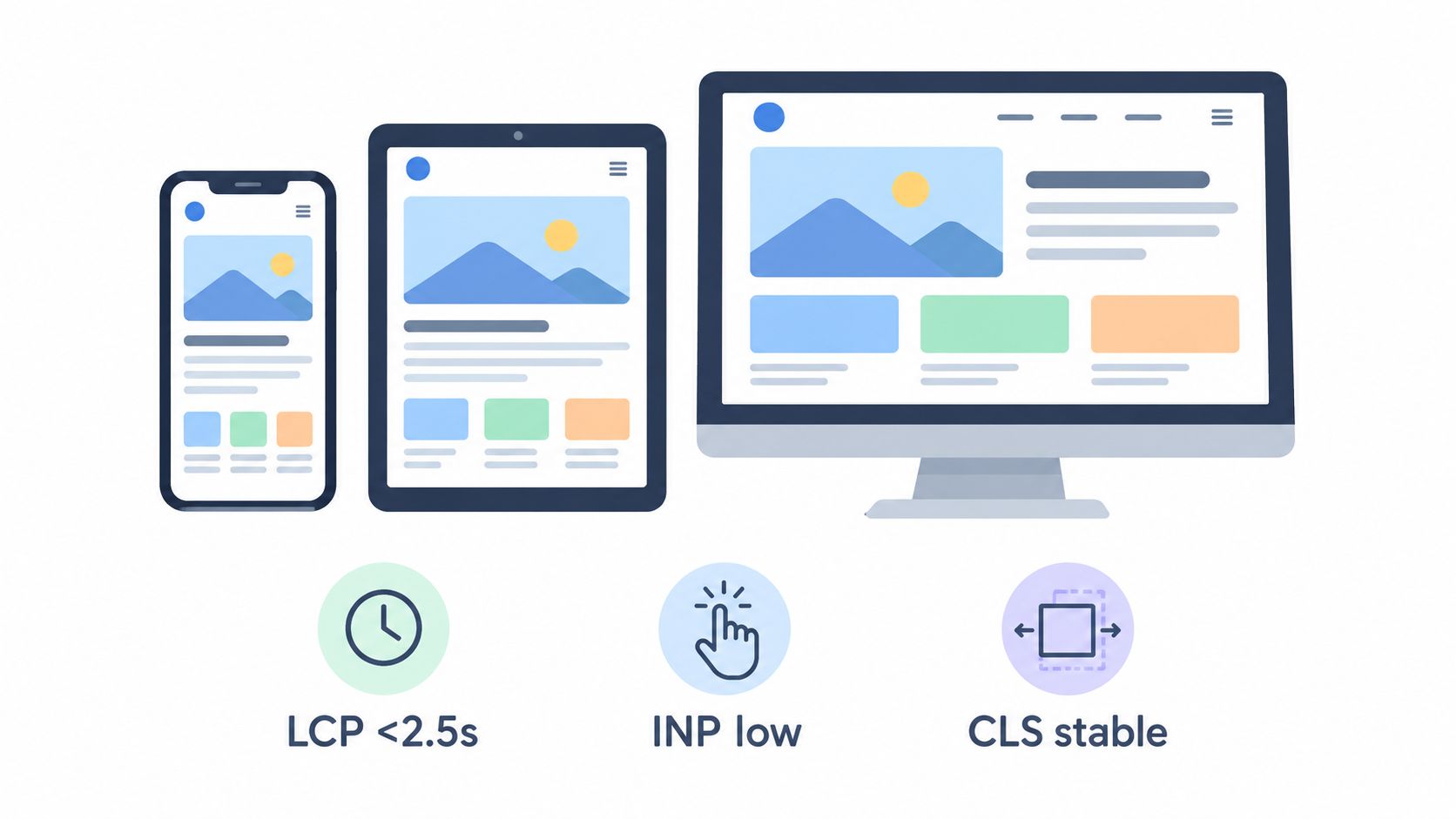Icons representing core web vitals including LCP speed, low INP interactivity, and CLS visual stability for responsive websites.
