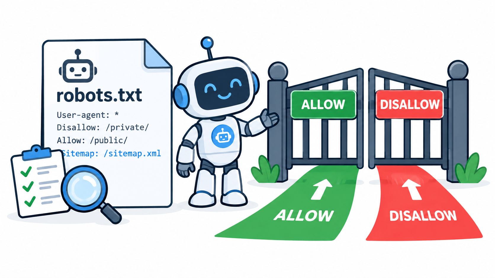 A friendly robot standing next to a robots.txt file, illustrating search engine crawling allowance and disallowance rules.