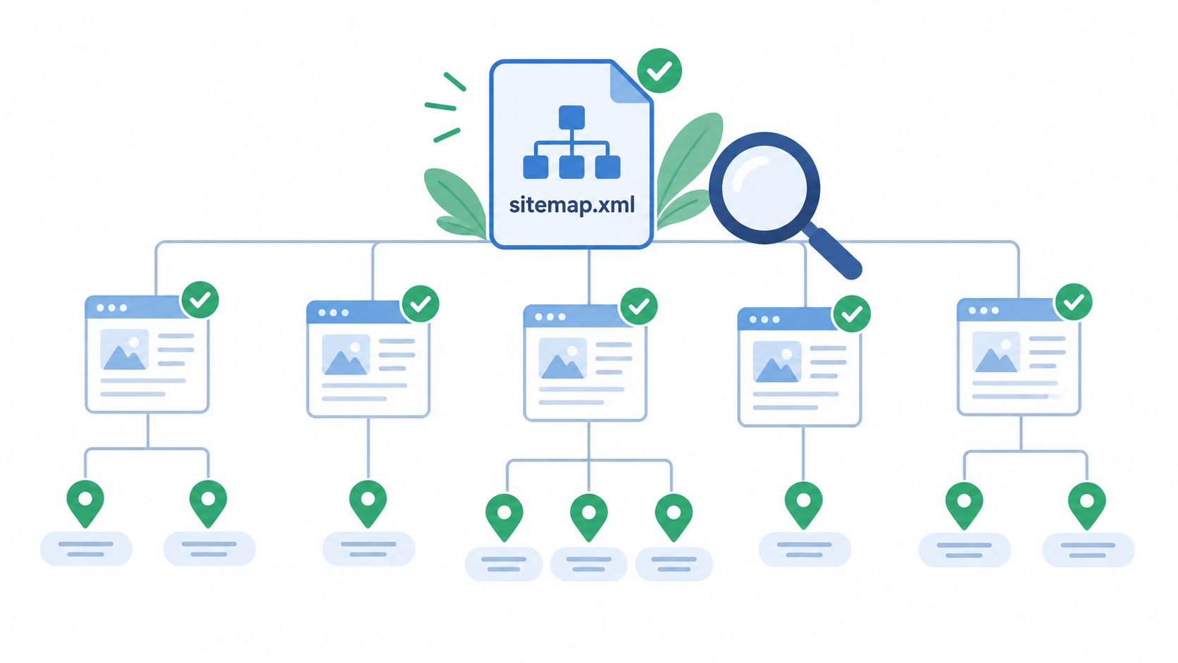 A diagram illustrating the structure of a sitemap XML file connecting multiple website pages and locations.