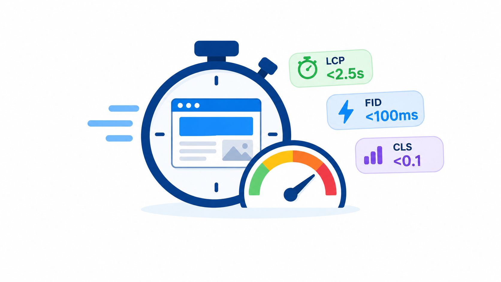 A stopwatch and gauge representing Core Web Vitals metrics including LCP, FID, and CLS for technical SEO performance.