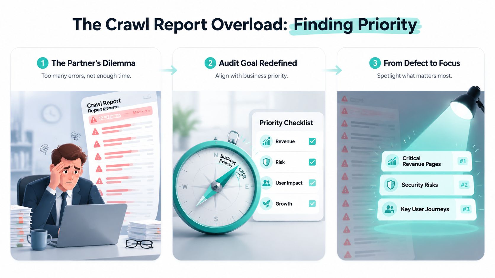 A visual guide showing how to prioritize technical SEO crawl reports and focus on business impact.