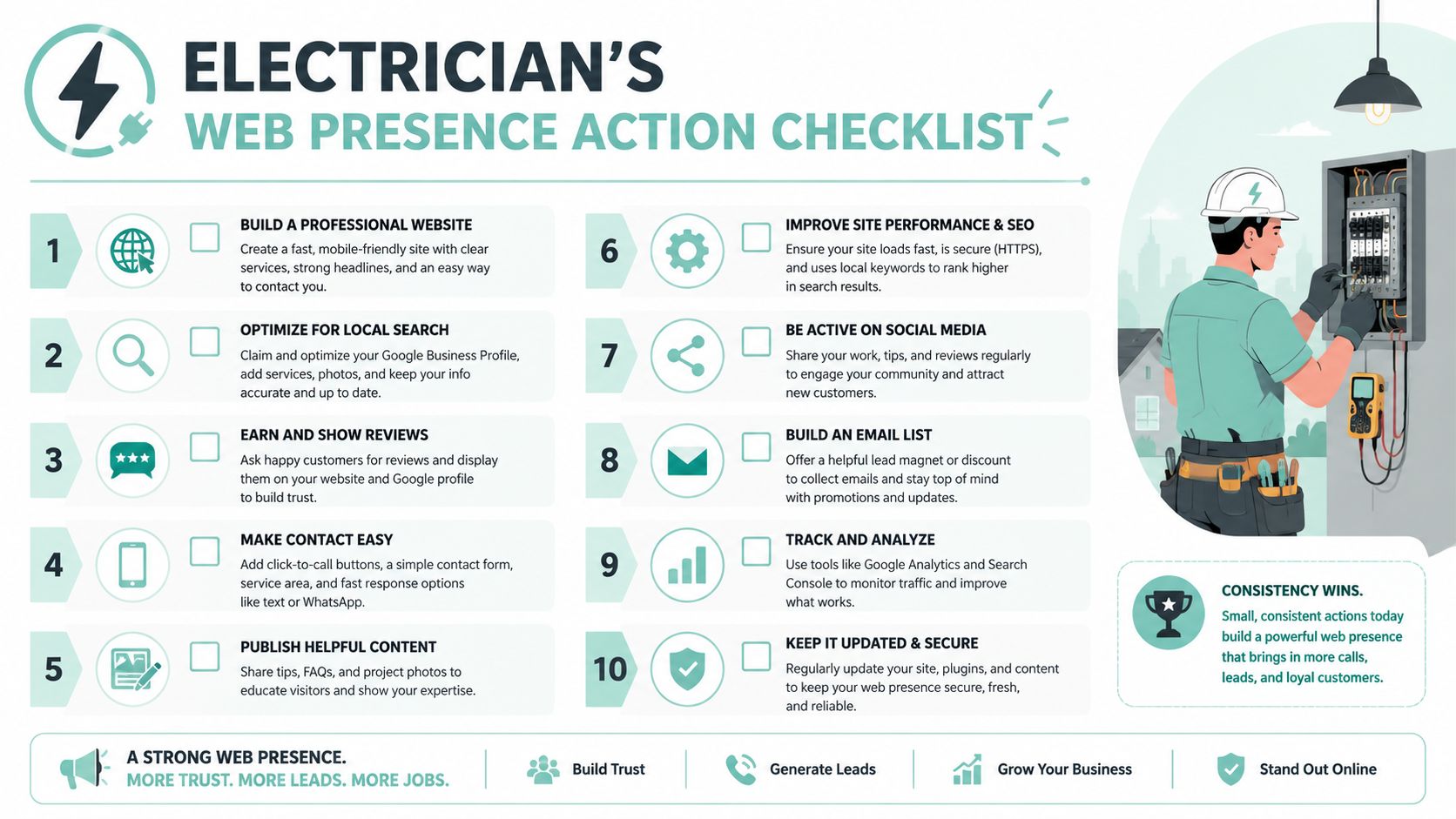 A 10-step checklist infographic for electricians to build a professional and effective online business presence.