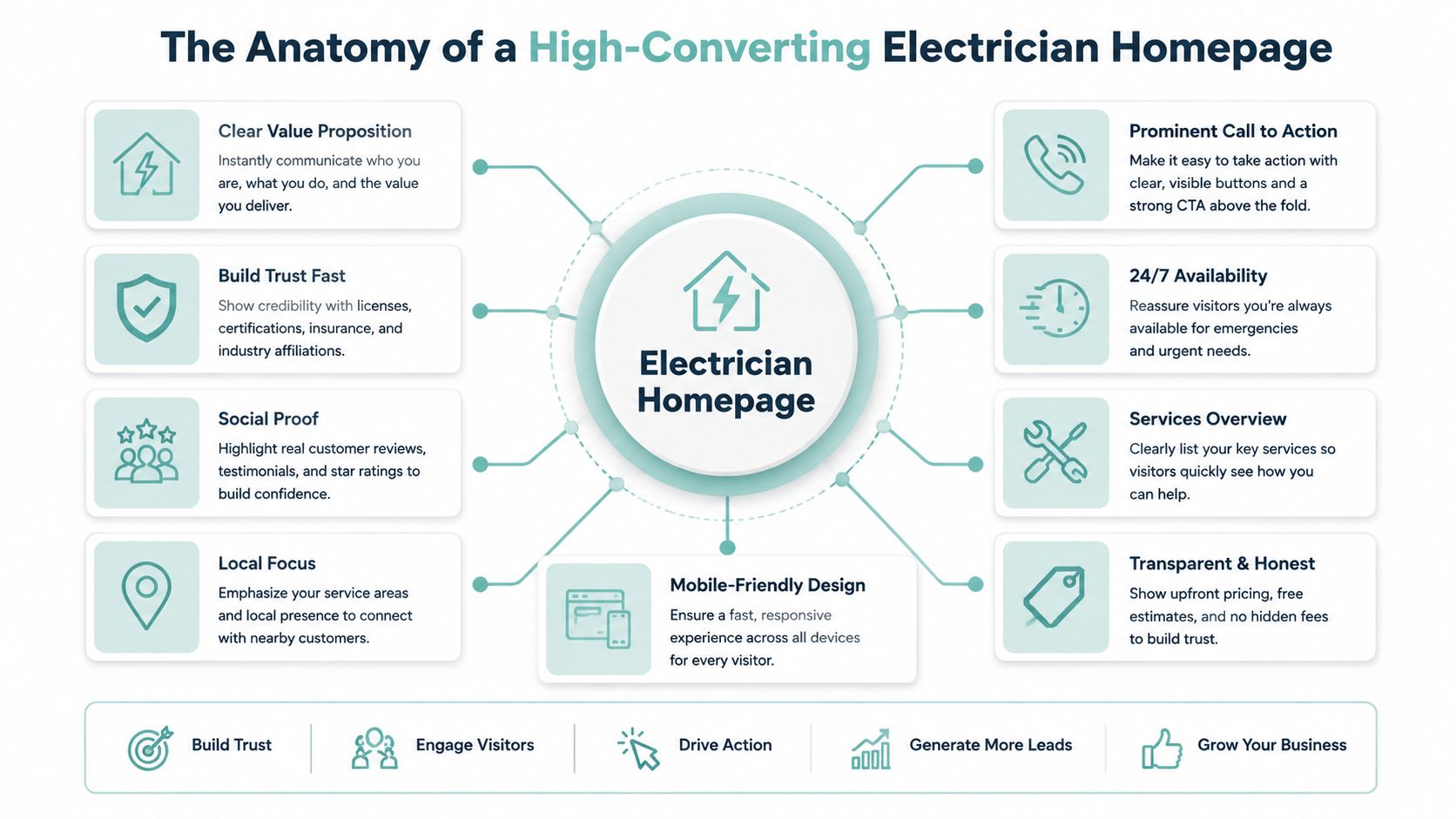 An infographic detailing essential elements for a high-converting website design for professional electricians.