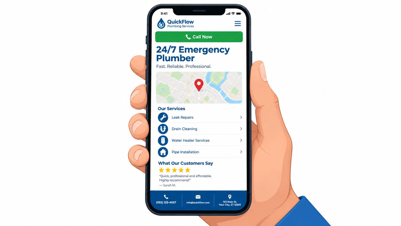 A hand holding a smartphone displaying a professional plumbing service mobile website interface for QuickFlow Plumbing Services.
