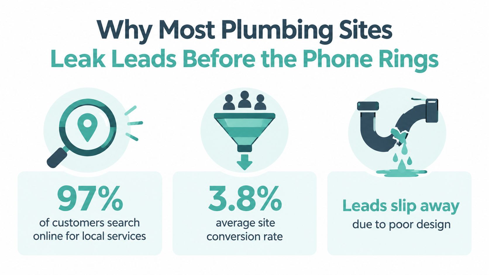 An infographic showing that most plumbing websites lose potential leads due to poor website design and low conversion.