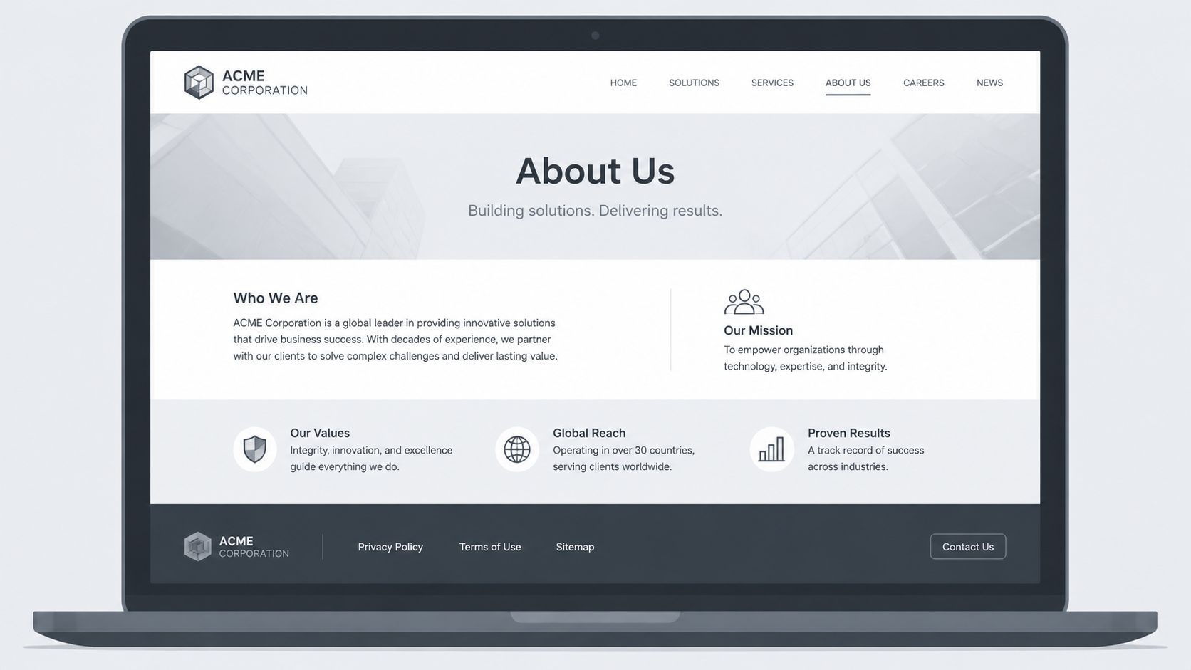 A modern laptop screen displaying the About Us webpage of Acme Corporation with a clean professional design.