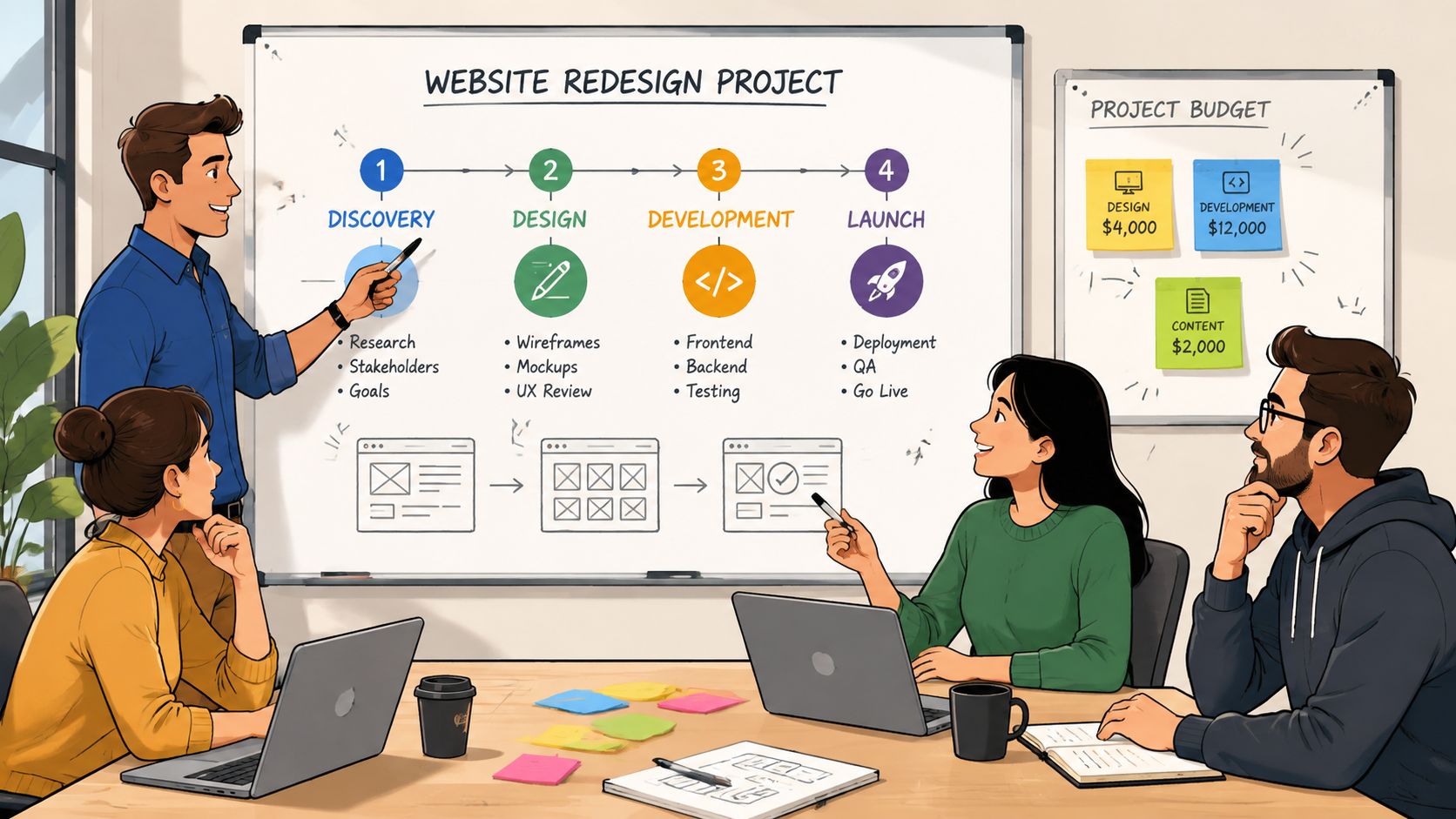 A professional team collaborating on a website redesign project in a modern office meeting room setting.