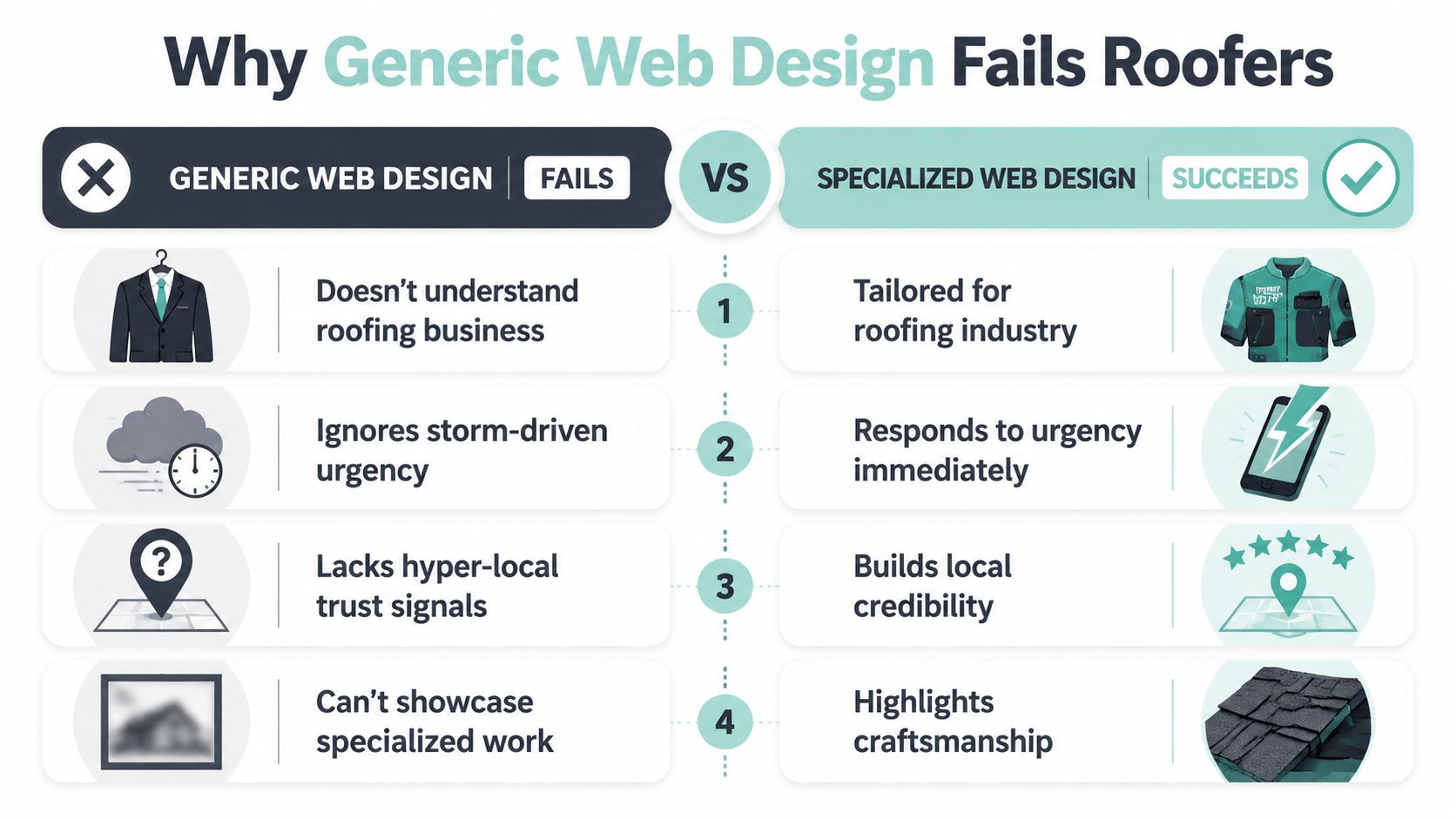 A comparison infographic showing how specialized web design outperforms generic web design for roofing companies.