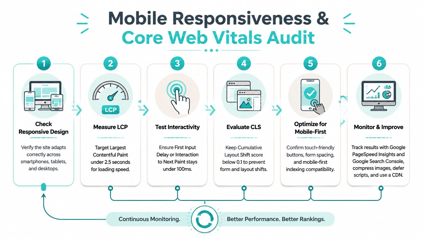 A six-step infographic detailing the process for conducting a mobile responsiveness and core web vitals website audit.