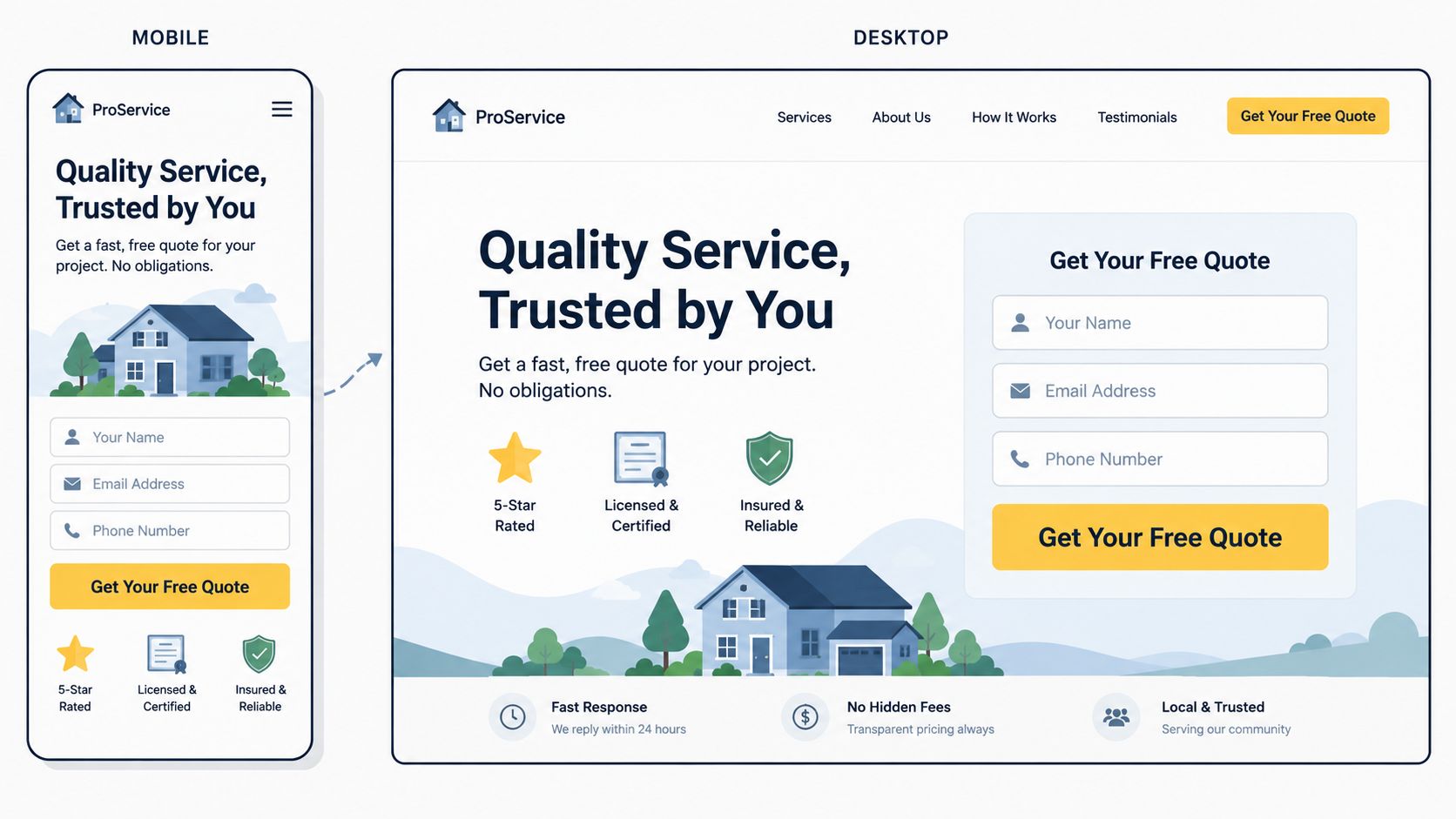 A responsive website design layout demonstrating both mobile and desktop views for a home service company.