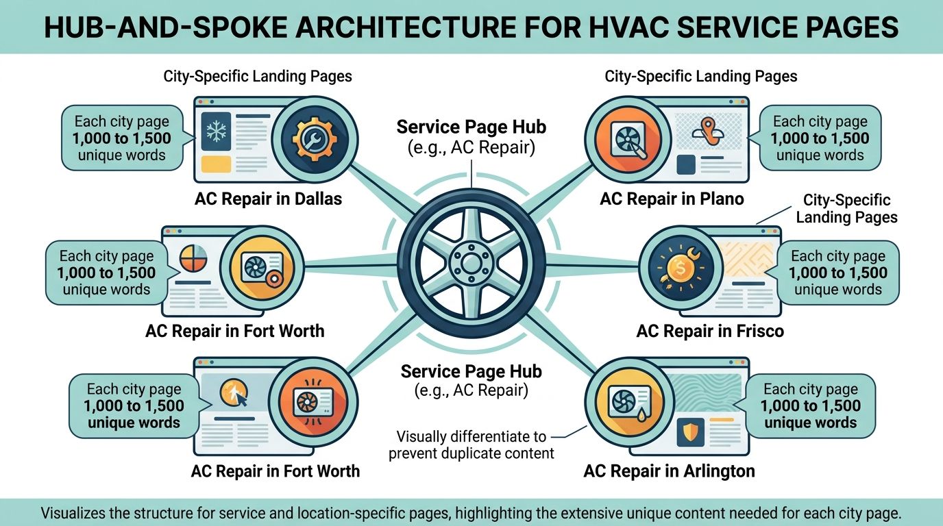 A diagram illustrating the hub-and-spoke architecture for HVAC service websites with city-specific landing pages.