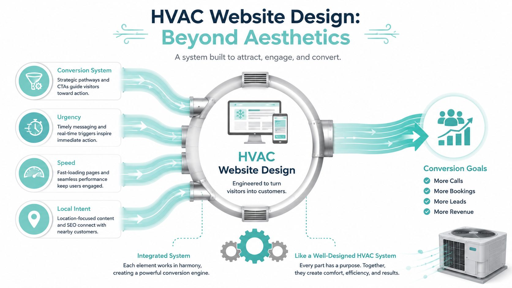 An infographic showing how professional HVAC website design improves lead generation, visitor engagement, and business conversion goals.