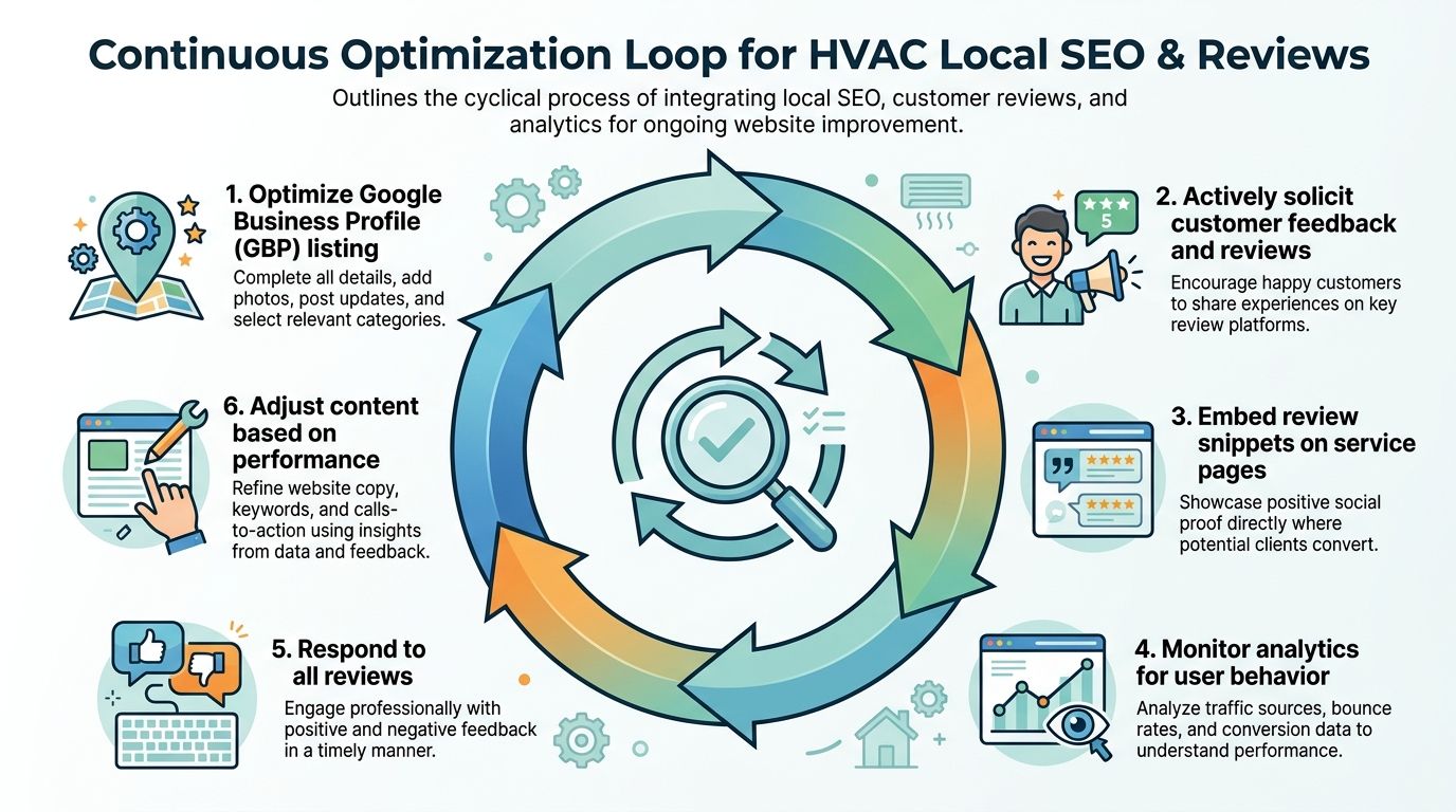 A circular flow diagram illustrating the six steps for continuous HVAC local SEO and review optimization.