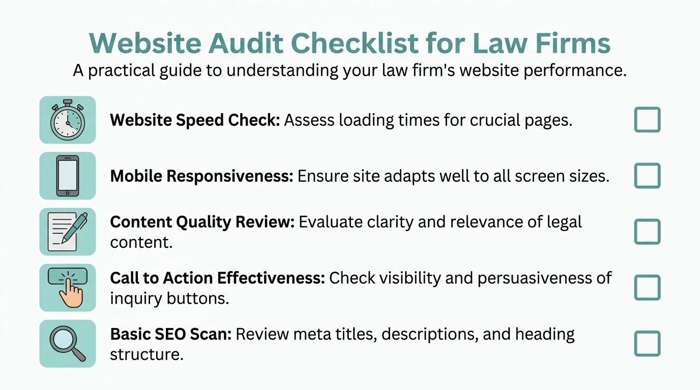 A checklist graphic outlining key website audit steps for law firms to improve their online performance.