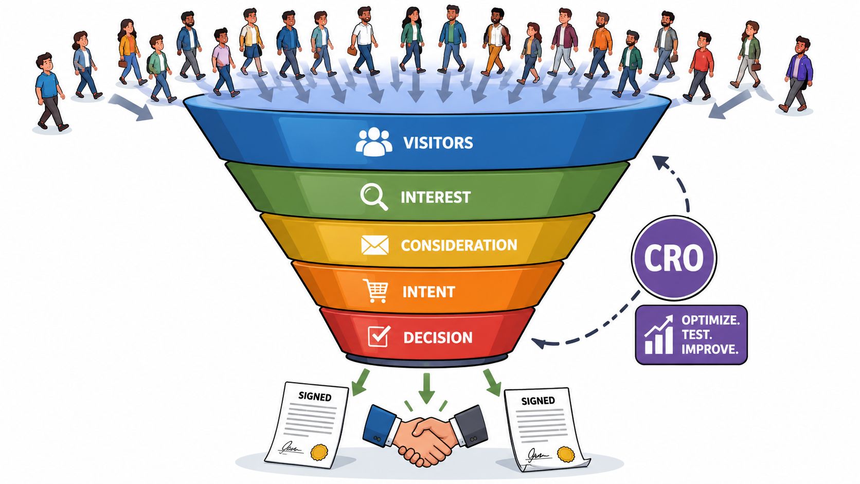 A marketing funnel illustration showing how website visitors progress through stages to become signed legal clients.
