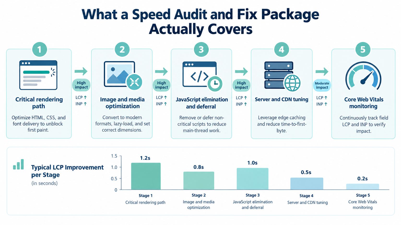 An infographic detailing five key steps in a website speed audit and fix package with improvement data.