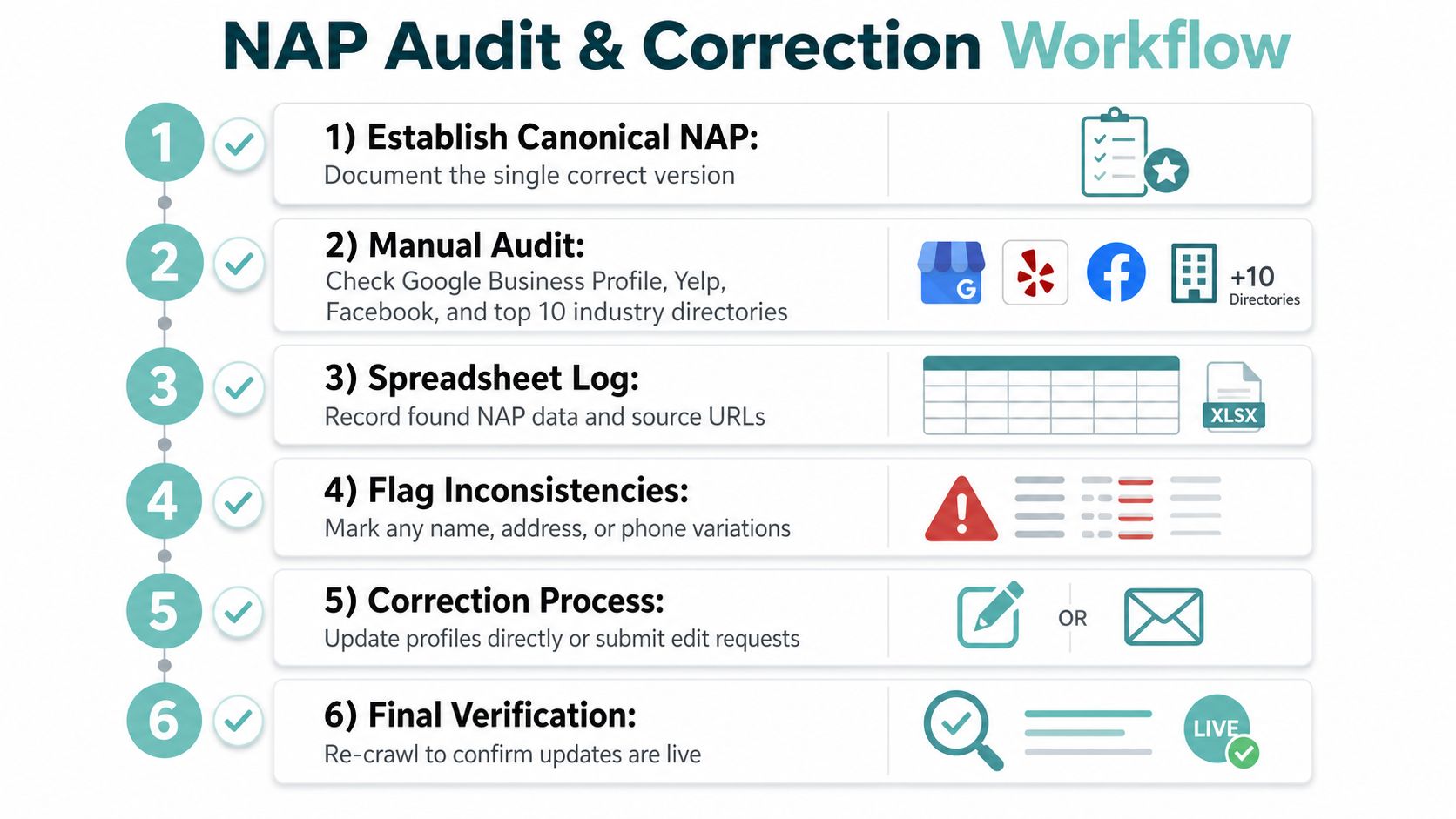 A six-step infographic outlining the systematic workflow for performing a NAP audit and correction for local SEO.